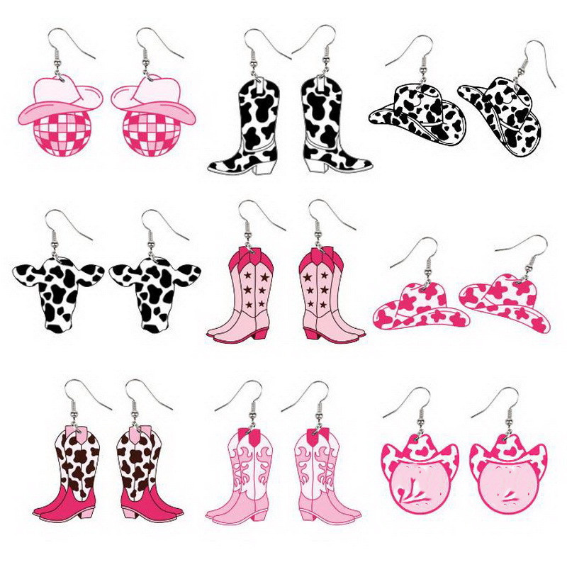 Y2K Pink Cowboy Styles Girls Cow Printed Hat Boots Smiley Face Bullhead Wooden Creative Western Earrings