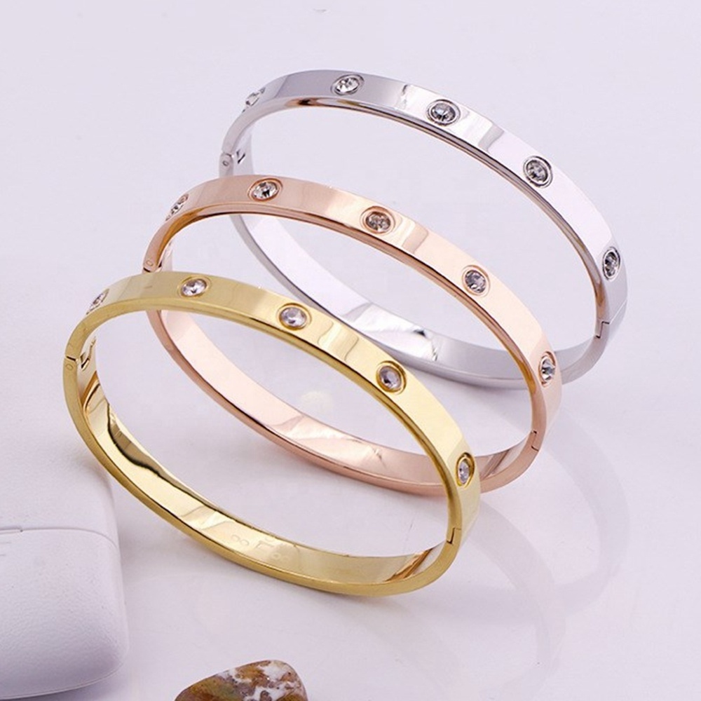 Stainless Steel Fine Jewelry Bangle Zircon Inlay 18K Gold Bangle Bracelet Women