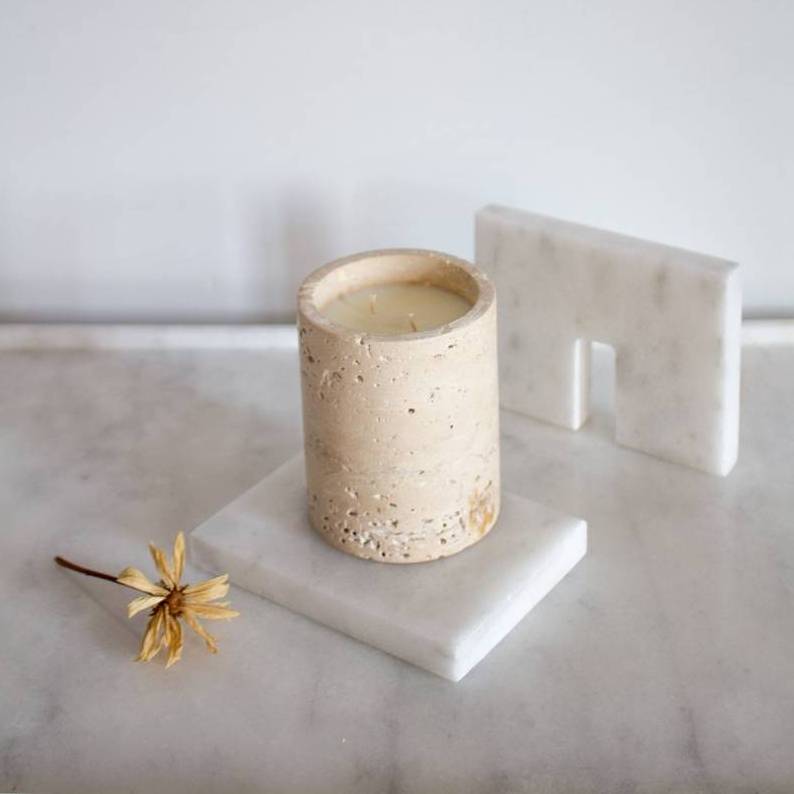 Empty Natural Beige Stone Marble Travertine Candle Jars Cosmetic Kitchen Storage Jar with Lid