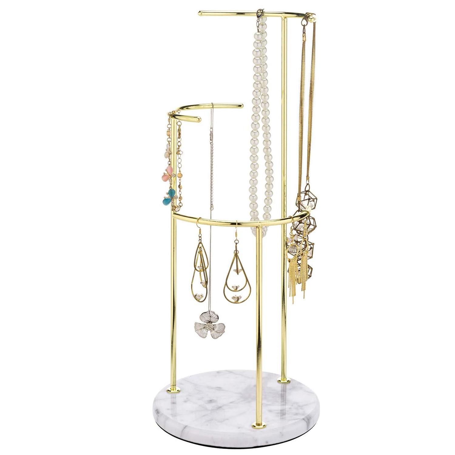 Customized Jewelry Store Electroplated Metal Hanging Jewelry Display Rack With Natural Marble Base