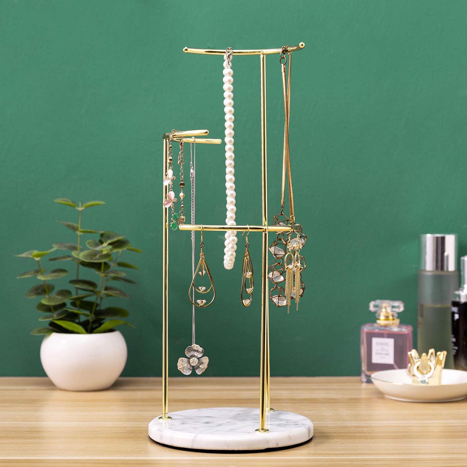 Customized Jewelry Store Electroplated Metal Hanging Jewelry Display Rack With Natural Marble Base