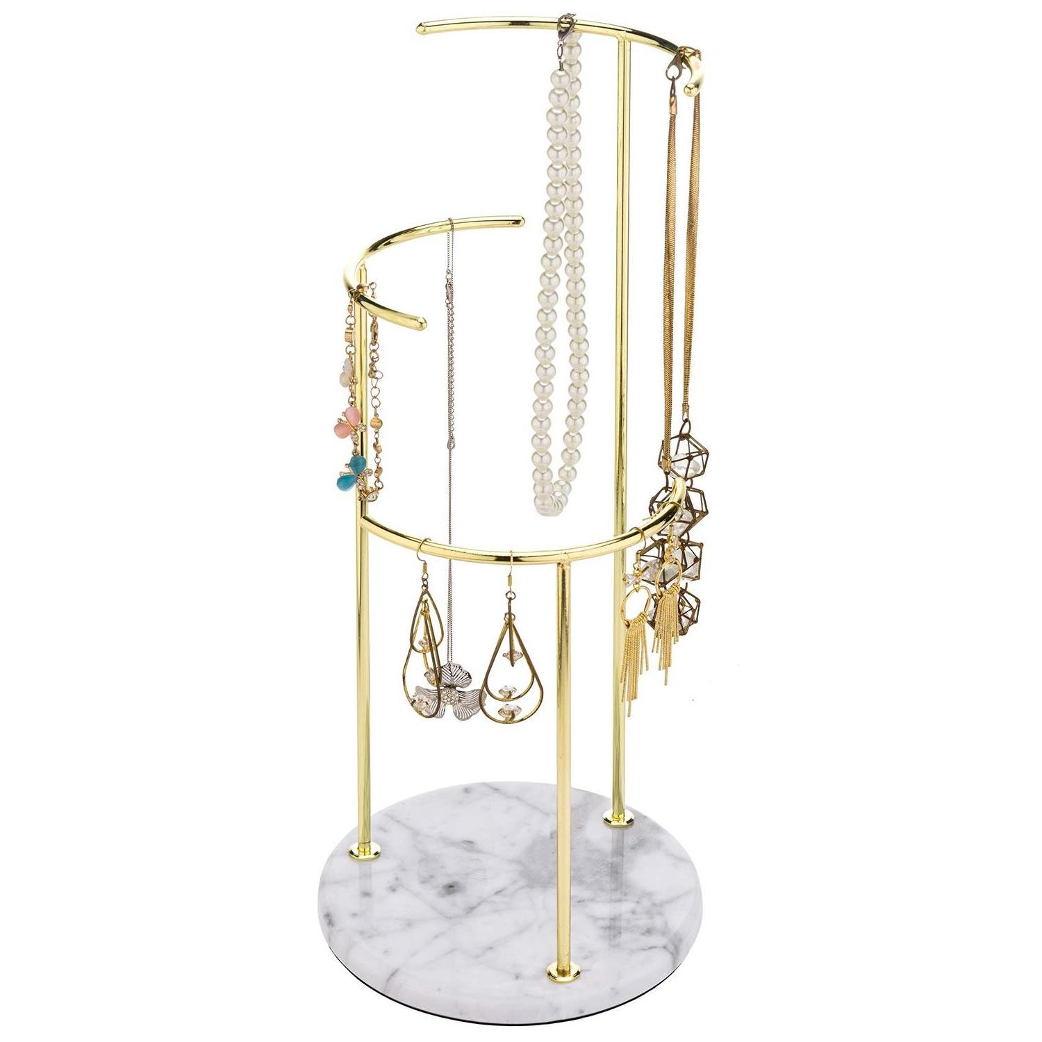 Customized Jewelry Store Electroplated Metal Hanging Jewelry Display Rack With Natural Marble Base