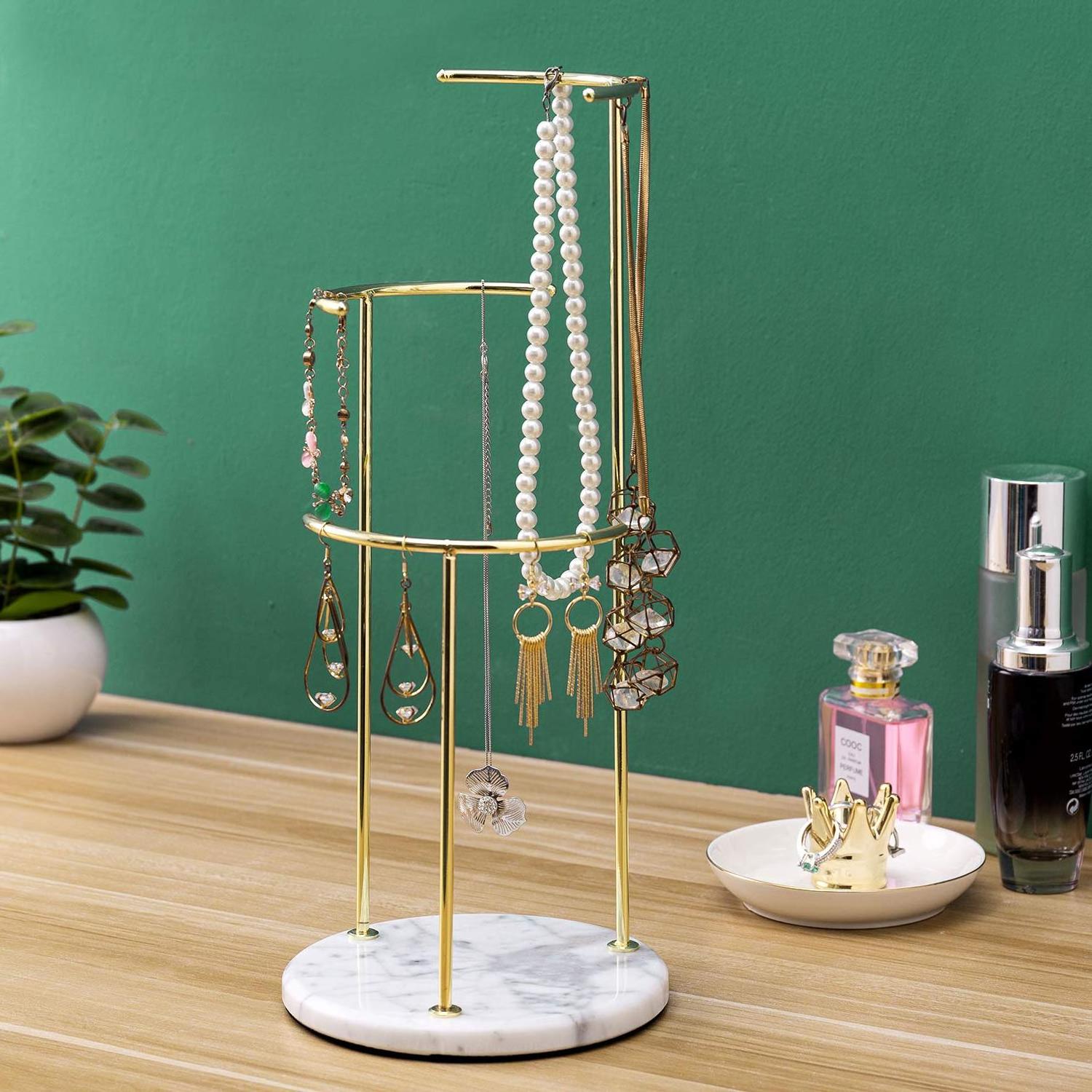 Customized Jewelry Store Electroplated Metal Hanging Jewelry Display Rack With Natural Marble Base