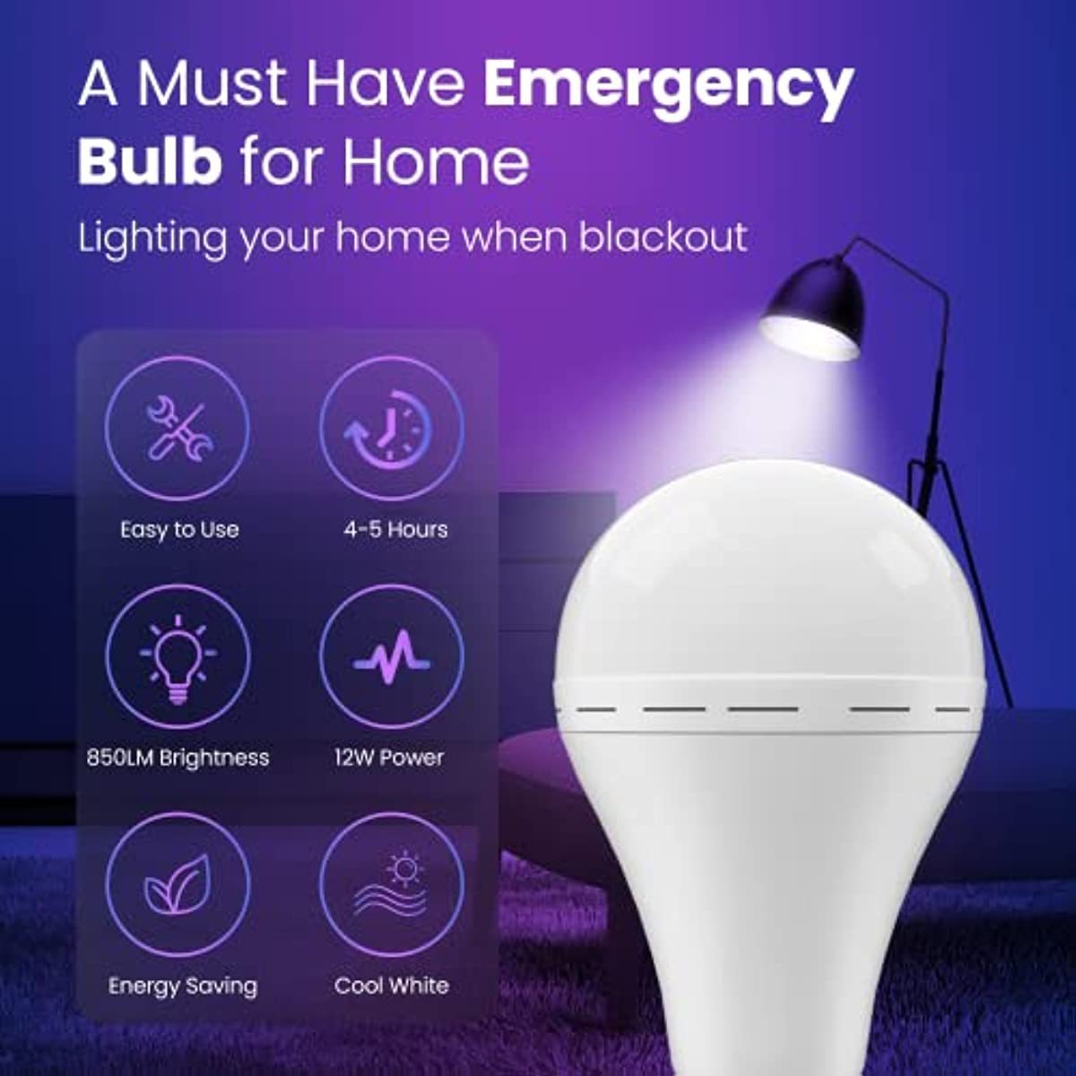 Emergency Rechargeable Led Light Bulb with Hook Stay Lights Up When Power Failure LED Light Bulbs for Home Camping Hiking