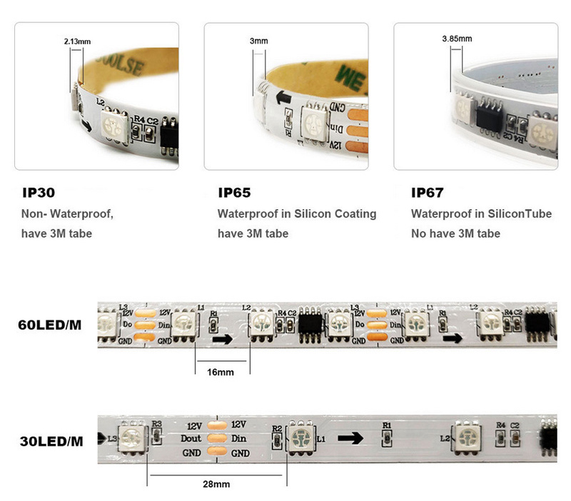 5m WS2811 LED light strip 5050 30/48/60 leds/m ws2811 ic 10/16/20 pcs/meter DC12V RGB full color LED strip