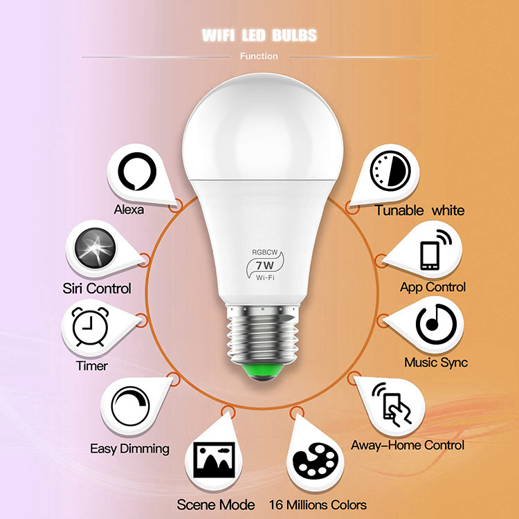 A19 WiFi Smart Light Bulb Compatible with Alexa and Google Home LED RGBW 2700k Dimmable A60 Bulb Light 60W Equivalent