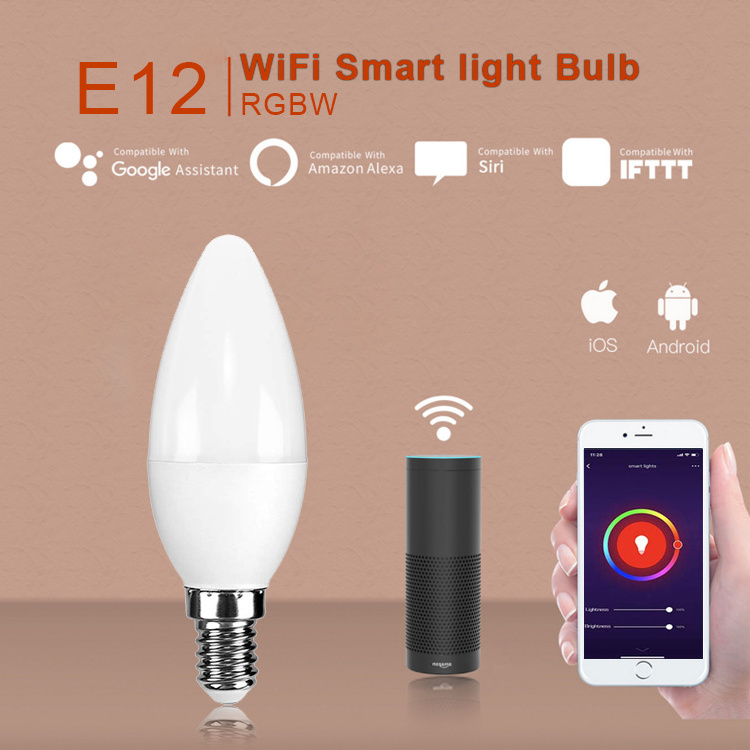 E12 WiFi Smart Light Bulb Led Spotlight Compatible with Alexa and Google Home 5W Tuya Control E14 RGBW Candle Light Bulb