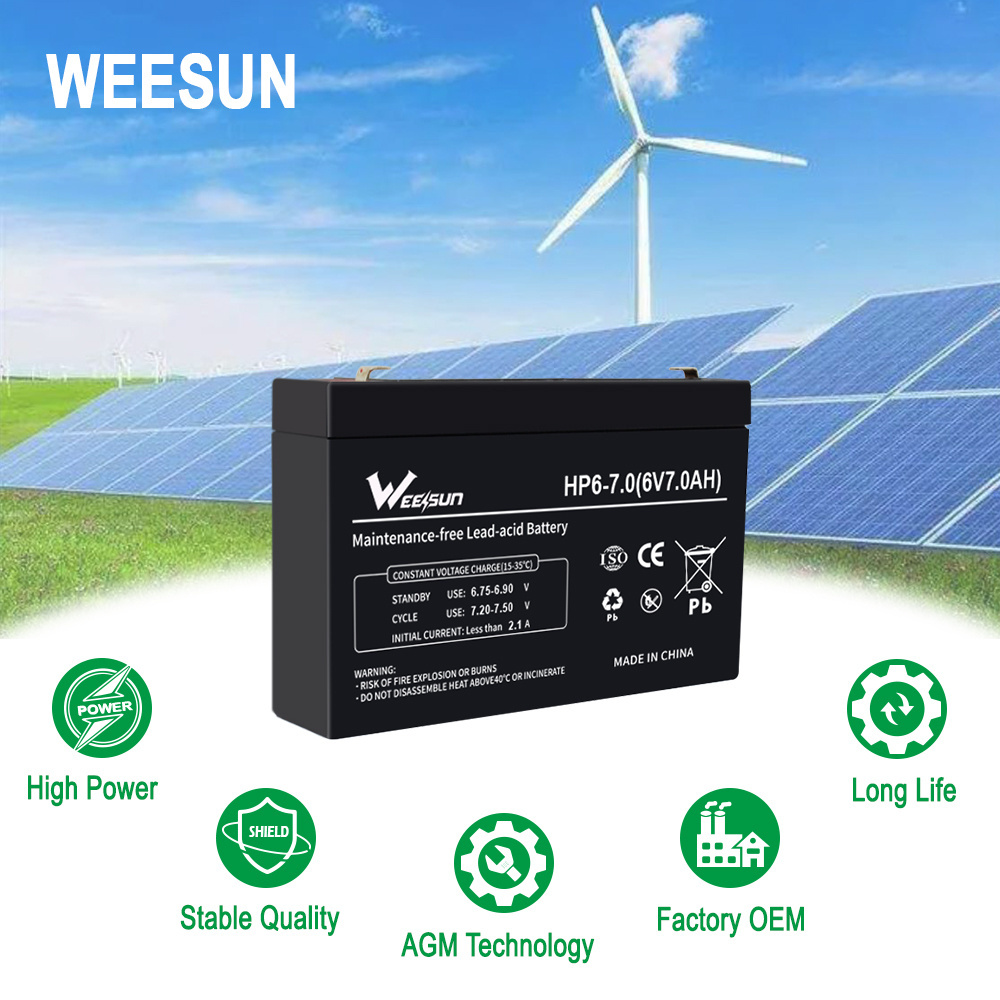 Weesun factory sale 6v battery 6v 7ah 6v 9a 6v 700mah solaire rechargeable deep cycle valve regulated lead acid battery