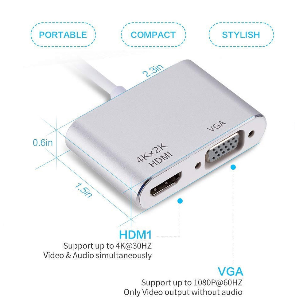 Type c to HDTV VGA 2 in 1 adapter hub usb-c 2 in 1 to 4K HD VGA Converter