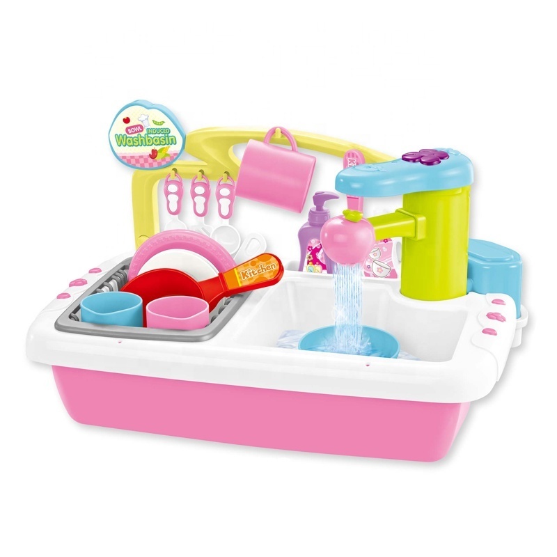 Kids Pretend Play Washbasin Toy Set Automatic Induction Faucet Electric Dishwasher Simulated Kitchen Sink Toy With Running Water