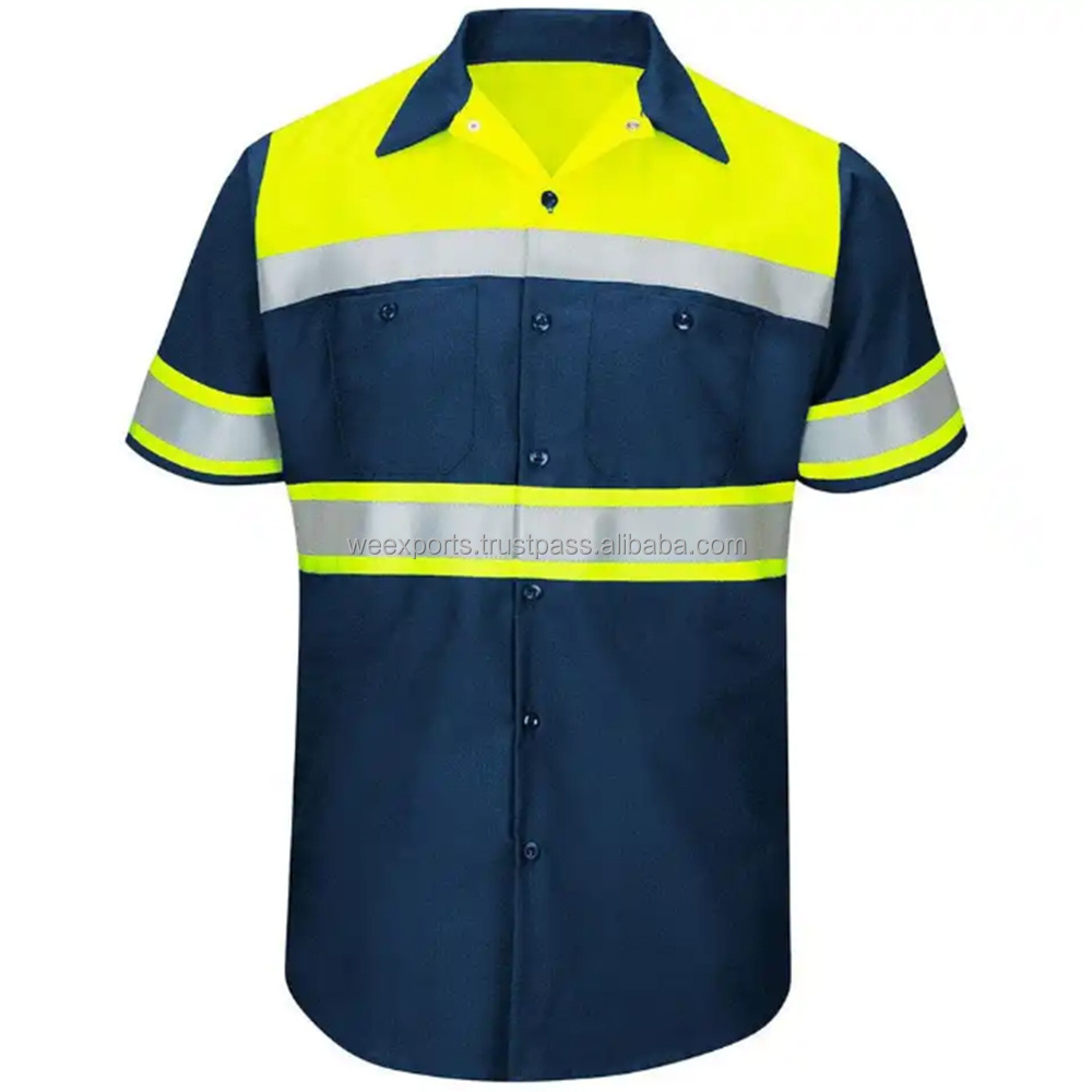 Custom Industrial logo Hi Vis Shirts Front Pockets Safety Workwear Short Sleeve Yellow Blue Reflective Taped For Men and Women