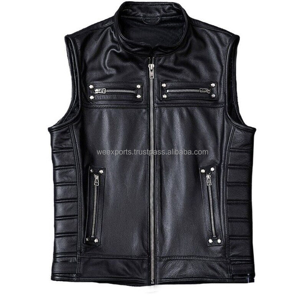 Blue Stitch Leather vest Jacket, Wind Proof Motorbike Leather Vest, OEM ODM Leather Biker Vest Men printed lining