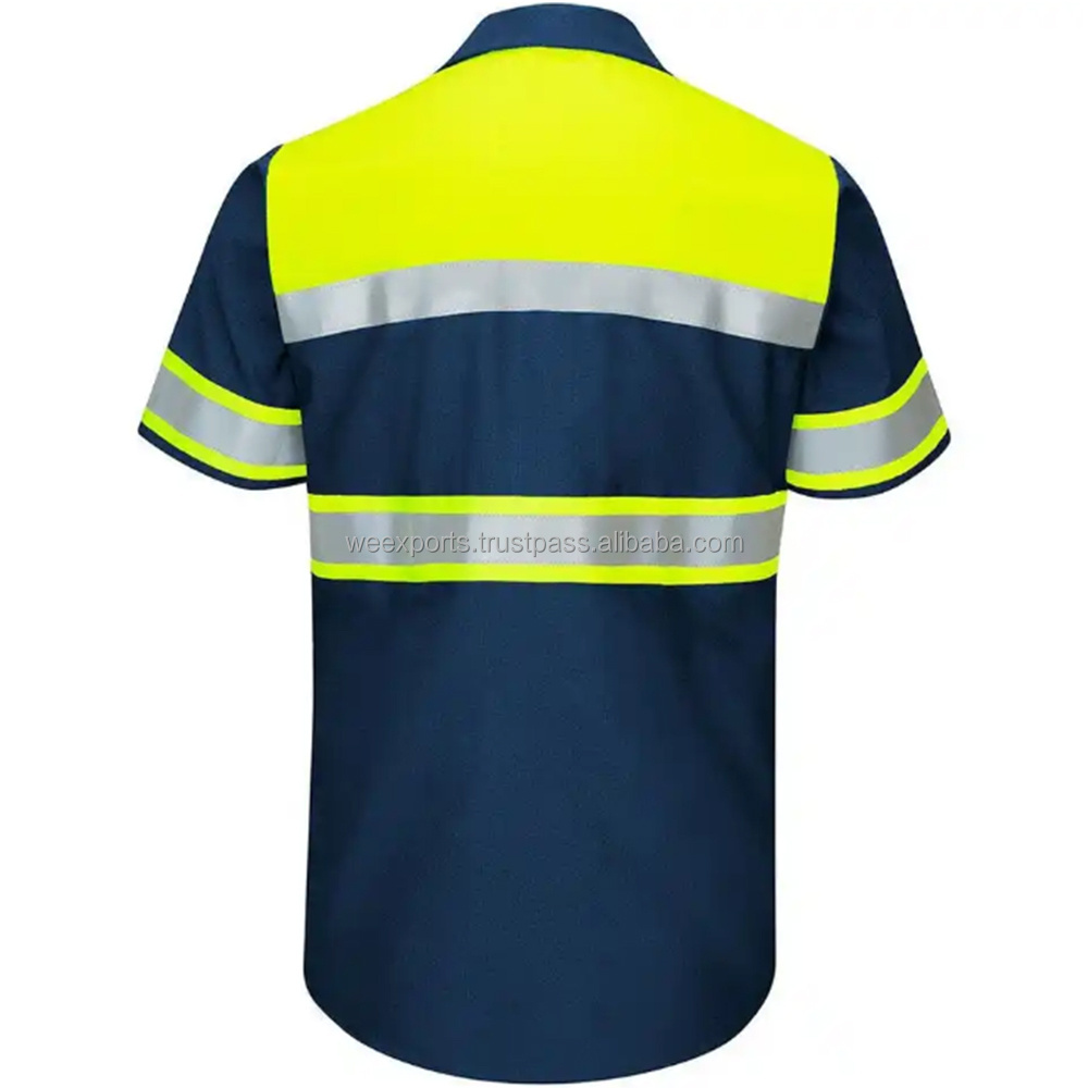 Custom Industrial logo Hi Vis Shirts Front Pockets Safety Workwear Short Sleeve Yellow Blue Reflective Taped For Men and Women