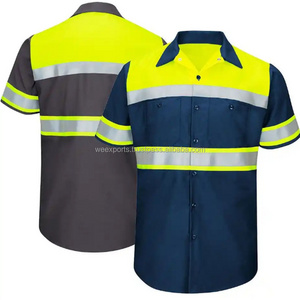 Custom Industrial logo Hi Vis Shirts Front Pockets Safety Workwear Short Sleeve Yellow Blue Reflective Taped For Men and Women