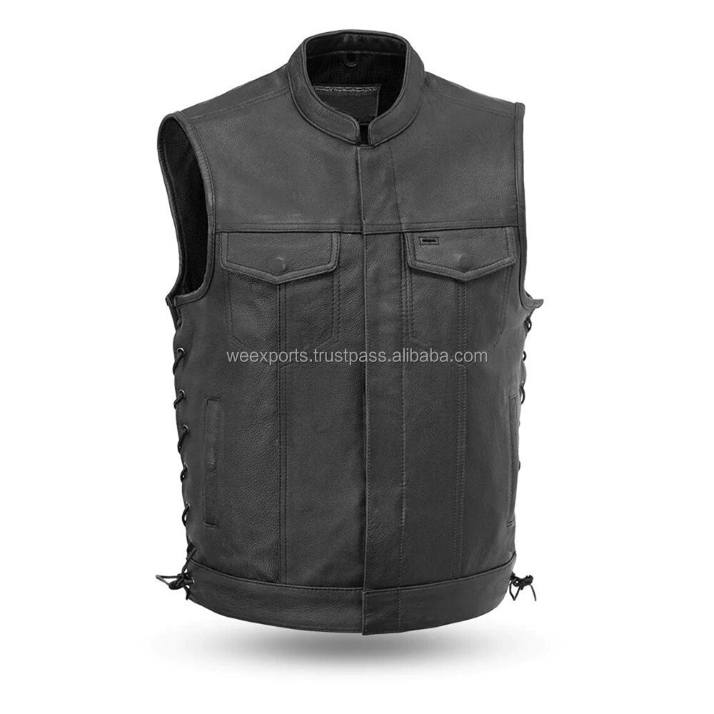 Blue Stitch Leather vest Jacket, Wind Proof Motorbike Leather Vest, OEM ODM Leather Biker Vest Men printed lining