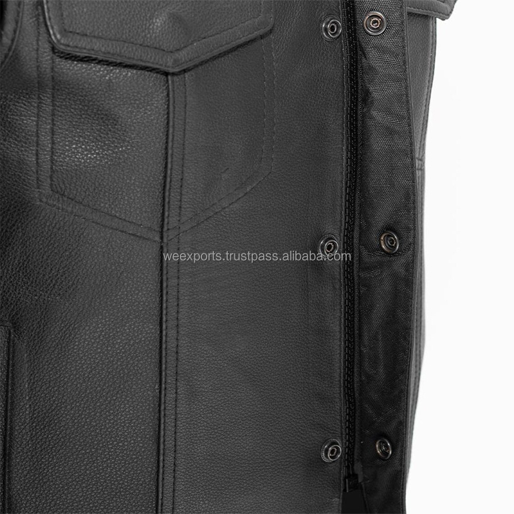 Blue Stitch Leather vest Jacket, Wind Proof Motorbike Leather Vest, OEM ODM Leather Biker Vest Men printed lining