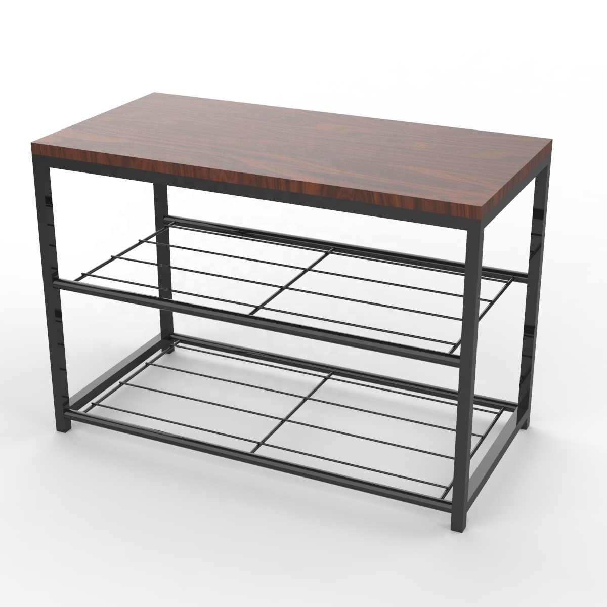 Industrial Vintage 3-tier Shelf Organizer Metal Frame Wood Top Shoe Rack With Seat Bench