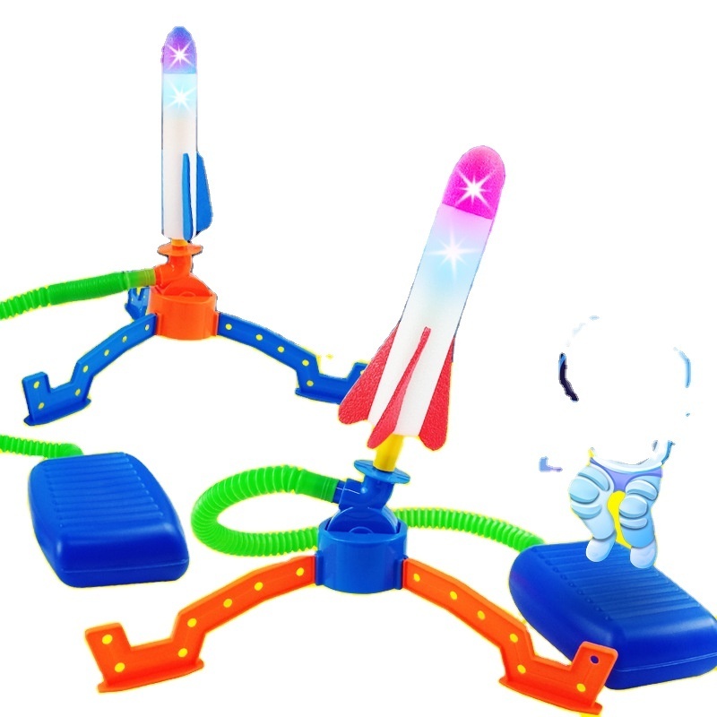 Children step on the sky, small rockets eject flying outdoor toys