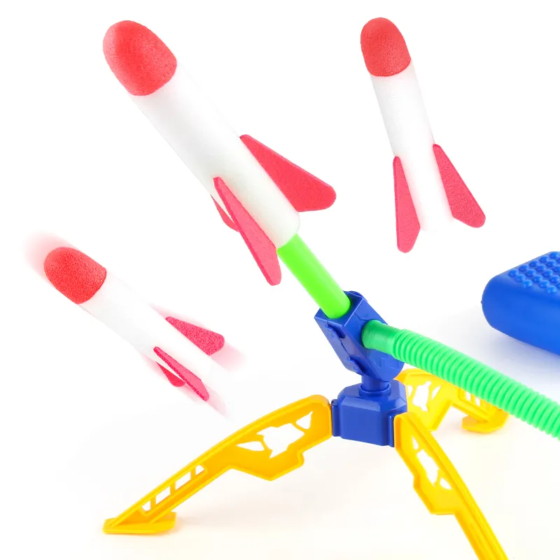 Children step on the sky, small rockets eject flying outdoor toys