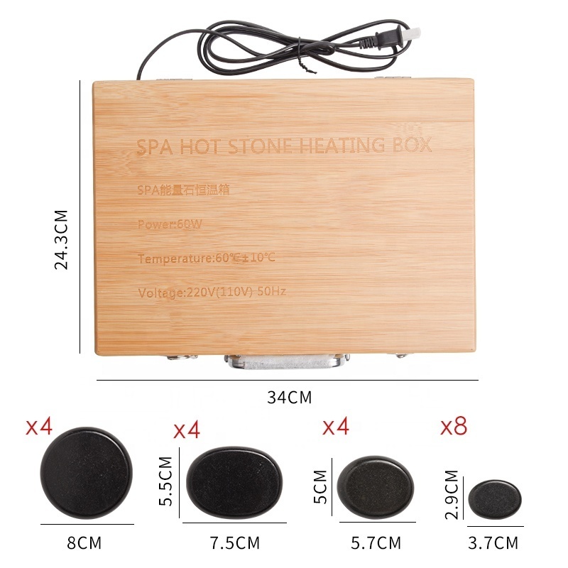 Beauty Salon Spa Natural Energy Hot Stone Heater Massage Warmer Set Aluminum Heating Box With 20pcs Stones