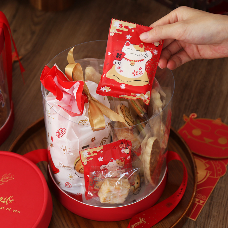 Custom Wholesale round New Year Cookies snacks hug bucket Transparent Christmas gift box tote packing box