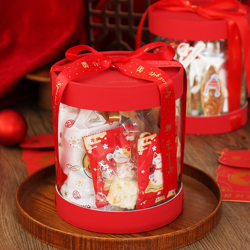 Custom Wholesale round New Year Cookies snacks hug bucket Transparent Christmas gift box tote packing box