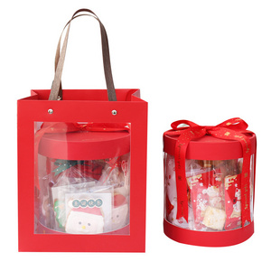 Custom Wholesale round New Year Cookies snacks hug bucket Transparent Christmas gift box tote packing box