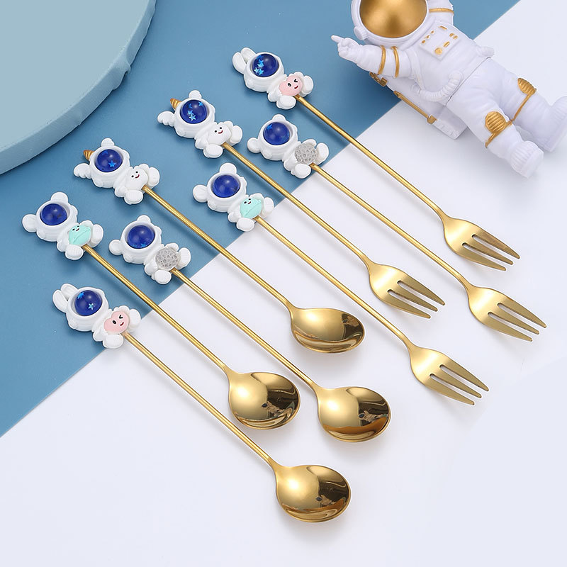 Stainless Steel Food Dessert Fruit Fork Soup Children Cute Astronaut Animals Tableware Kitchenware Mixing Spoon Fork And Spoon