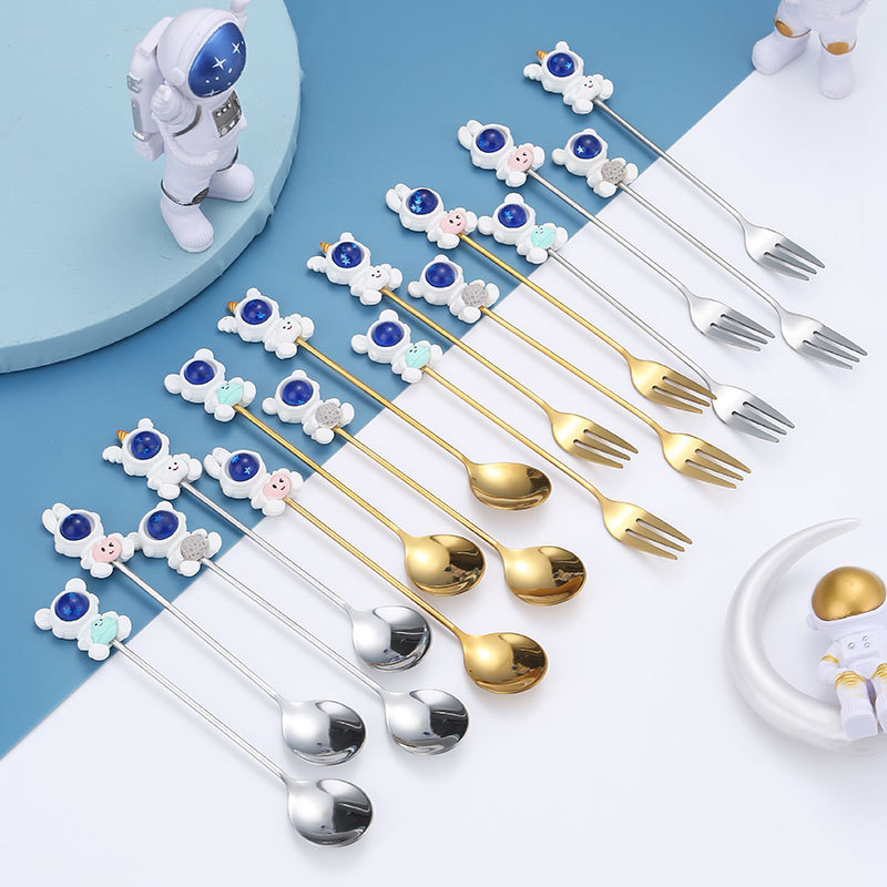 Stainless Steel Food Dessert Fruit Fork Soup Children Cute Astronaut Animals Tableware Kitchenware Mixing Spoon Fork And Spoon