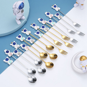 Stainless Steel Food Dessert Fruit Fork Soup Children Cute Astronaut Animals Tableware Kitchenware Mixing Spoon Fork And Spoon