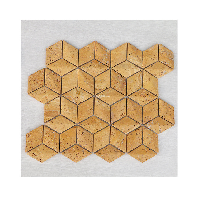 Factory Wholesale 3D Diamond Shaped Marble Mosaic Tiles Classical Gold Golden Travrtine Marble Mosaic Tile Stone Wall Tiles