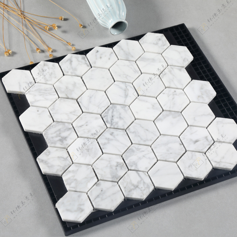 Carrara Marble Whitemosaic Tlie  Form Decorative Plastic Brick Wall Long Striped Hexagon Mosaic Kitchen Backsplash Tile