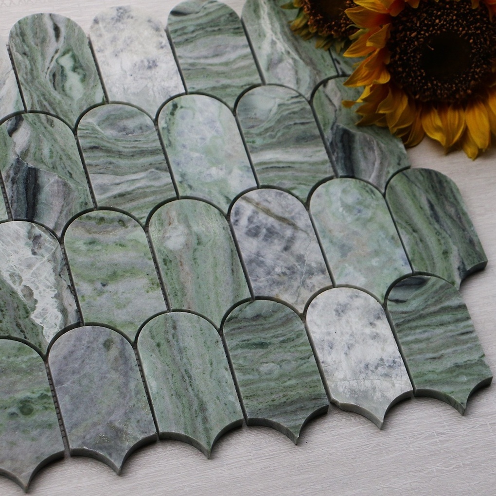 Cold Emerald Feather Shape Marble Mosaic Kitchen Backsplash Bathroom Wall Tiles Green Plumage Stone Mosaic