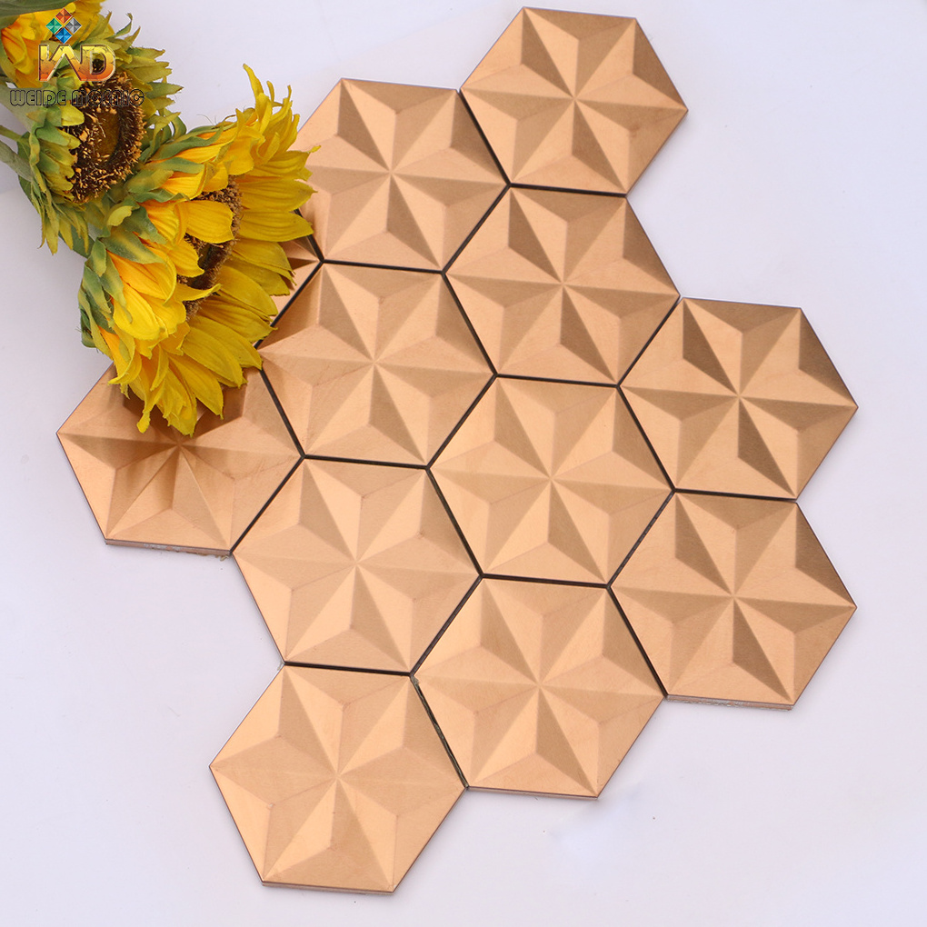 WEIDE Modern style red metal mosaic tile rose gold hexagonal stainless steel mosaic tile pink stainless steel tile