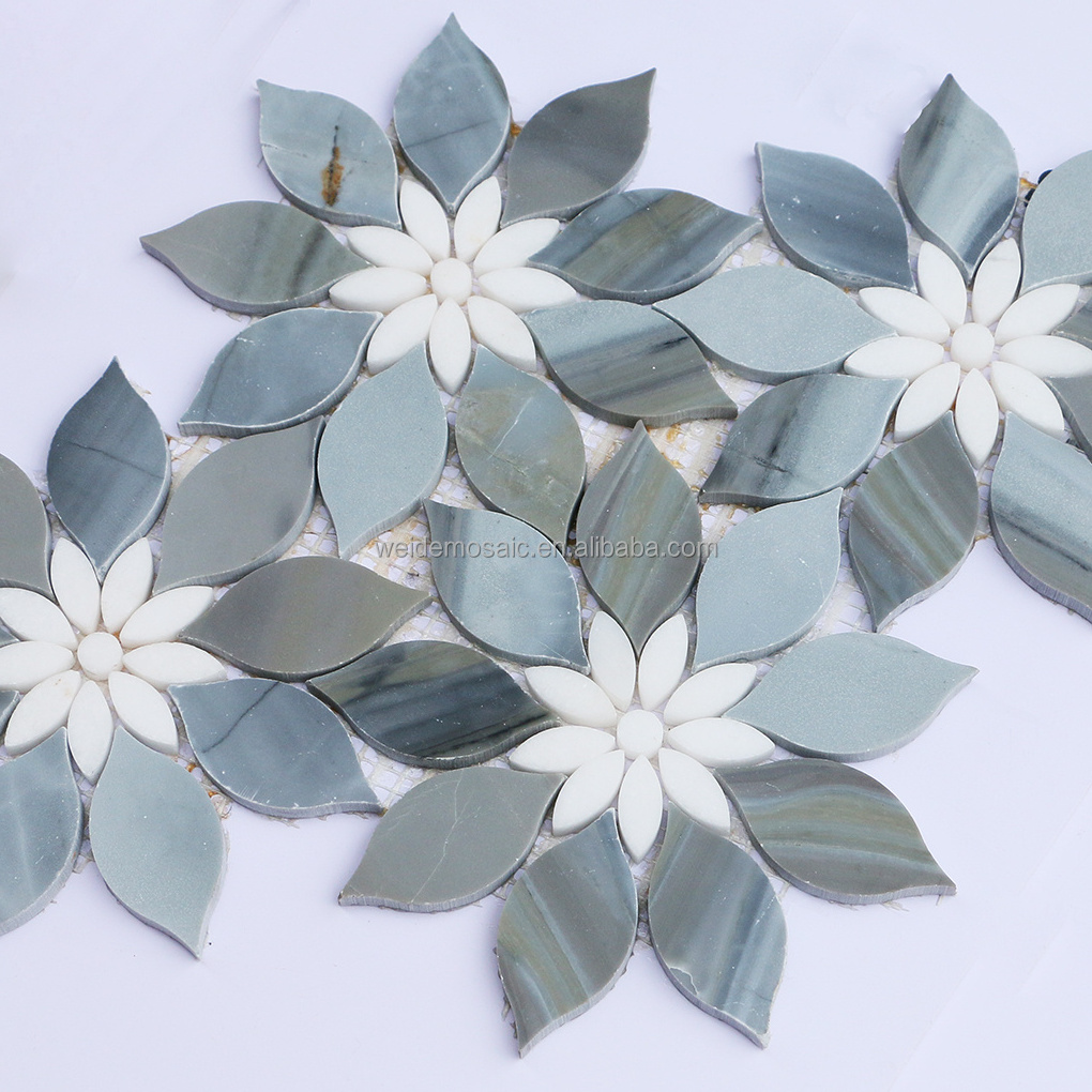 Sunflower Marble Mosaic Tiles Blue and White Turnsole Flower Backsplash Honed Stone Mosaic Tile For Hotel