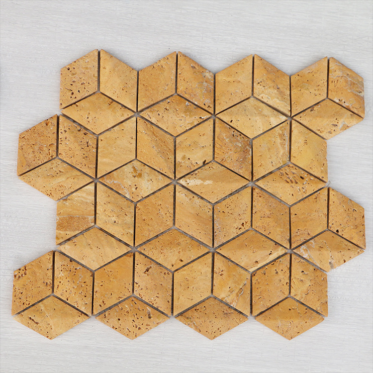 Factory Wholesale 3D Diamond Shaped Marble Mosaic Tiles Classical Gold Golden Travrtine Marble Mosaic Tile Stone Wall Tiles