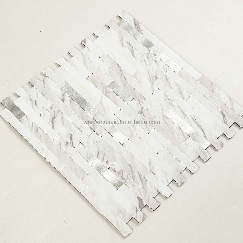 PVC Peel and Stick Backsplash Silver Metal Mosaic Self Adhesive Aluminous Wall Mosaic Tiles