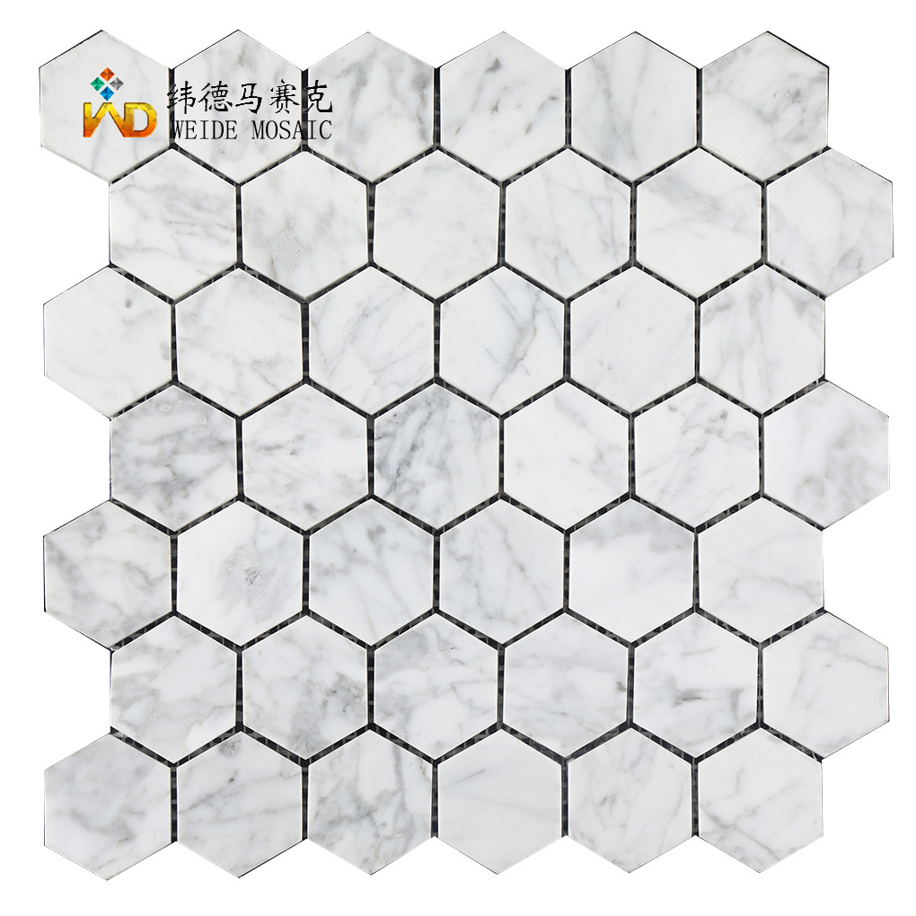 Carrara Marble Whitemosaic Tlie  Form Decorative Plastic Brick Wall Long Striped Hexagon Mosaic Kitchen Backsplash Tile