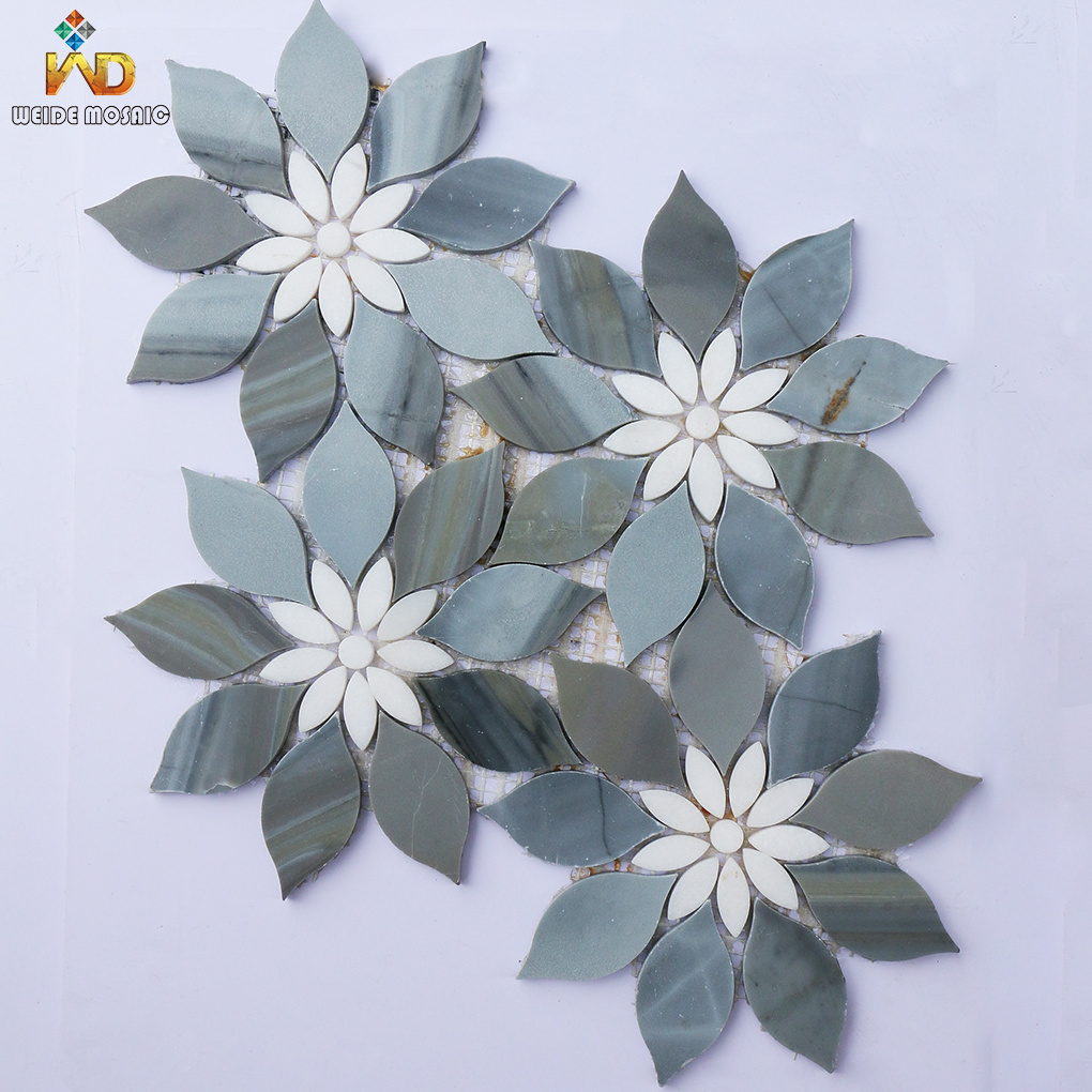 Sunflower Marble Mosaic Tiles Blue and White Turnsole Flower Backsplash Honed Stone Mosaic Tile For Hotel