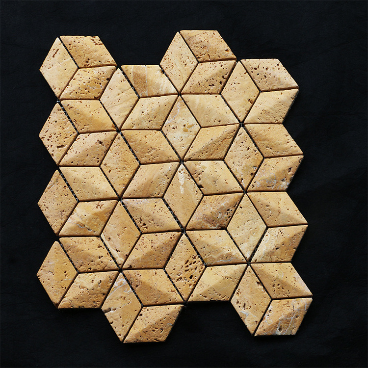 Factory Wholesale 3D Diamond Shaped Marble Mosaic Tiles Classical Gold Golden Travrtine Marble Mosaic Tile Stone Wall Tiles