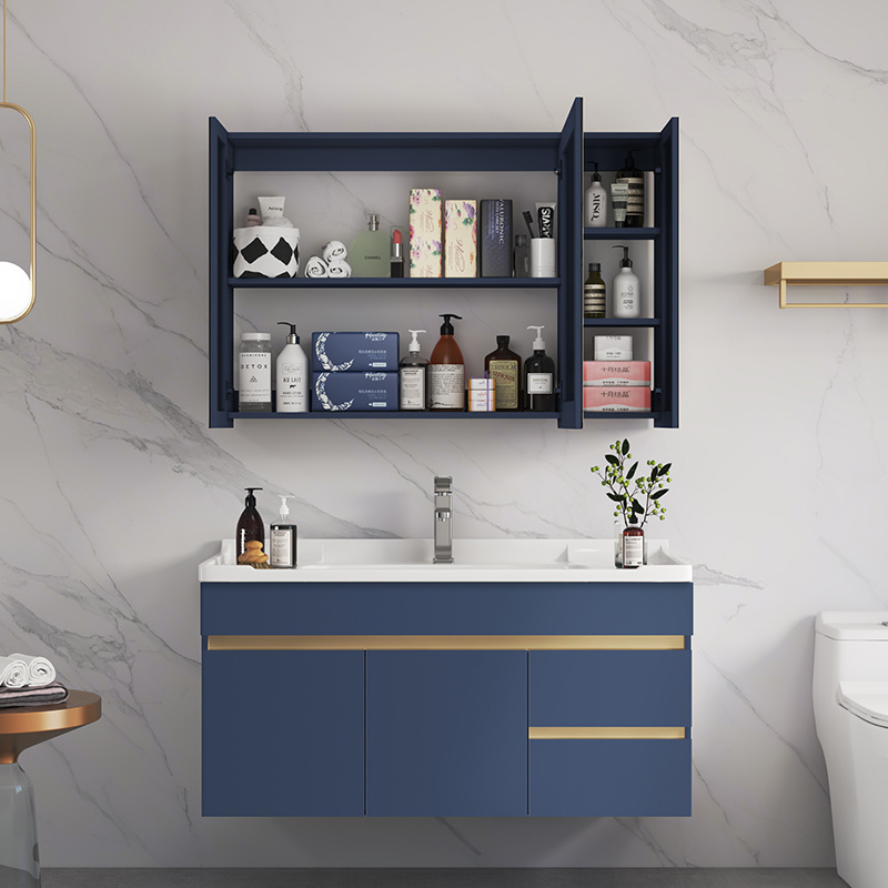 Modern European Blue Gold Design Wall Mount Bathroom Vanity Cabinet Basin Mirror Set Waterproof Bathroom Wash Basin Cabinet