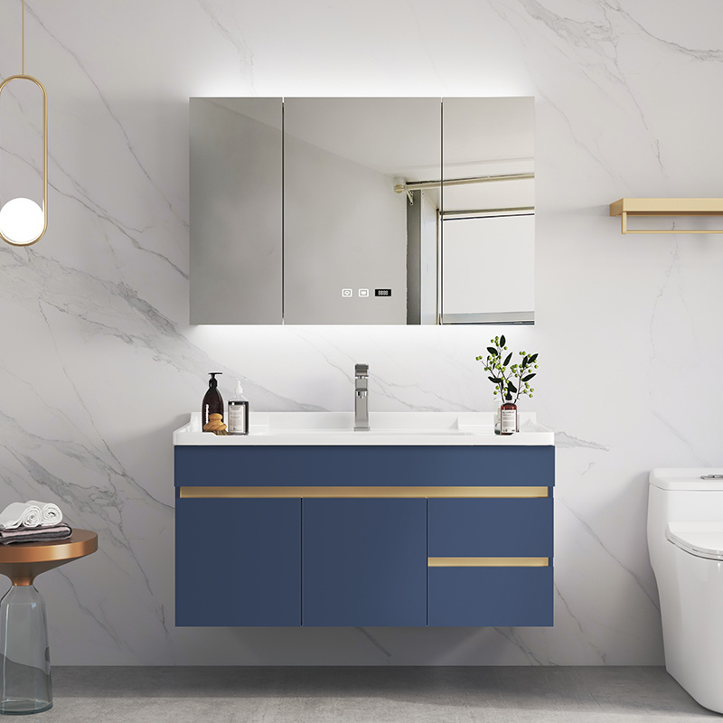 Modern European Blue Gold Design Wall Mount Bathroom Vanity Cabinet Basin Mirror Set Waterproof Bathroom Wash Basin Cabinet