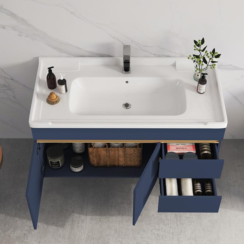 Modern European Blue Gold Design Wall Mount Bathroom Vanity Cabinet Basin Mirror Set Waterproof Bathroom Wash Basin Cabinet