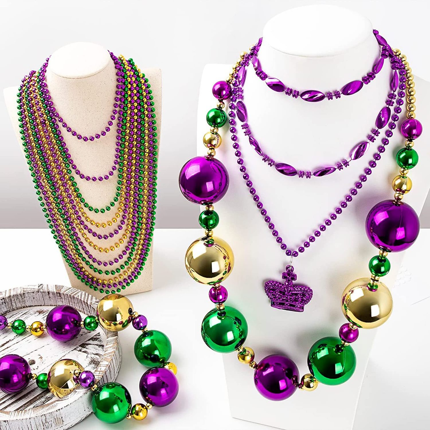 Mardi Gras Purple Gold Green Carnival Metallic Bead Necklaces For Festivals Parades Night Club Dress-up Events Decor