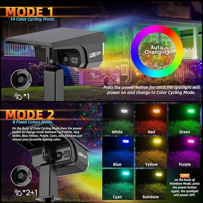 Ip65 RGB Solar Landscape Path Lights,USB & Solar Powered Multicoloured ,14 Colors Auto Cycling Solar Spotlight for Yard,Garden