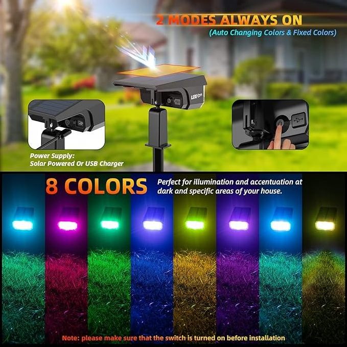 Ip65 RGB Solar Landscape Path Lights,USB & Solar Powered Multicoloured ,14 Colors Auto Cycling Solar Spotlight for Yard,Garden