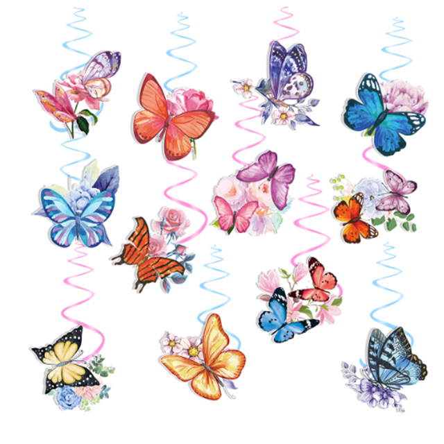 12Pcs/set Spring Butterfly Spiral Decoration Ceiling Cartoon Swirls Butterfly Wedding Pendant Spring Themed Party Hanging Swirls