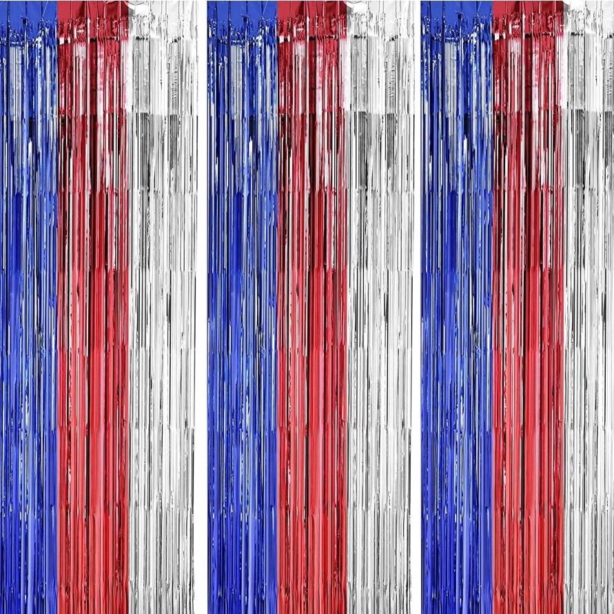 4th of July Decoration Red White Blue Foil Curtain Independence Day Photo Prop Streamer Backdrop For US Patriotic Party Tinsel