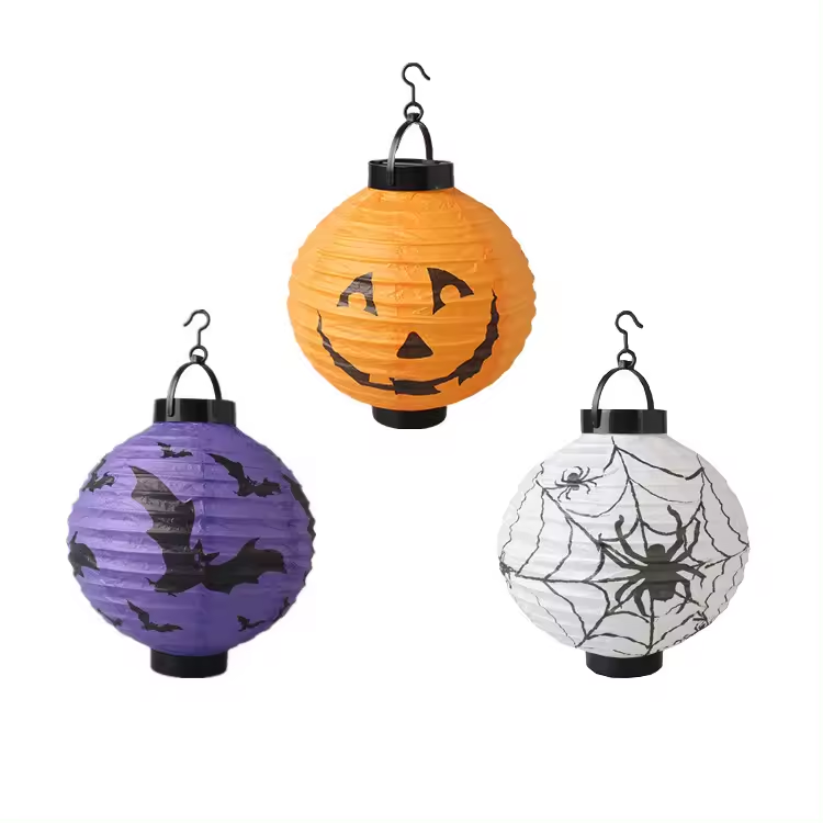 Halloween Pumpkin Decorated Lantern Bat Spider Pattern DIY Illuminated LED Festive Decorated Paper Lantern