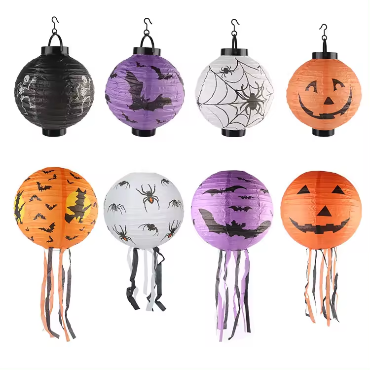 Halloween Pumpkin Decorated Lantern Bat Spider Pattern DIY Illuminated LED Festive Decorated Paper Lantern